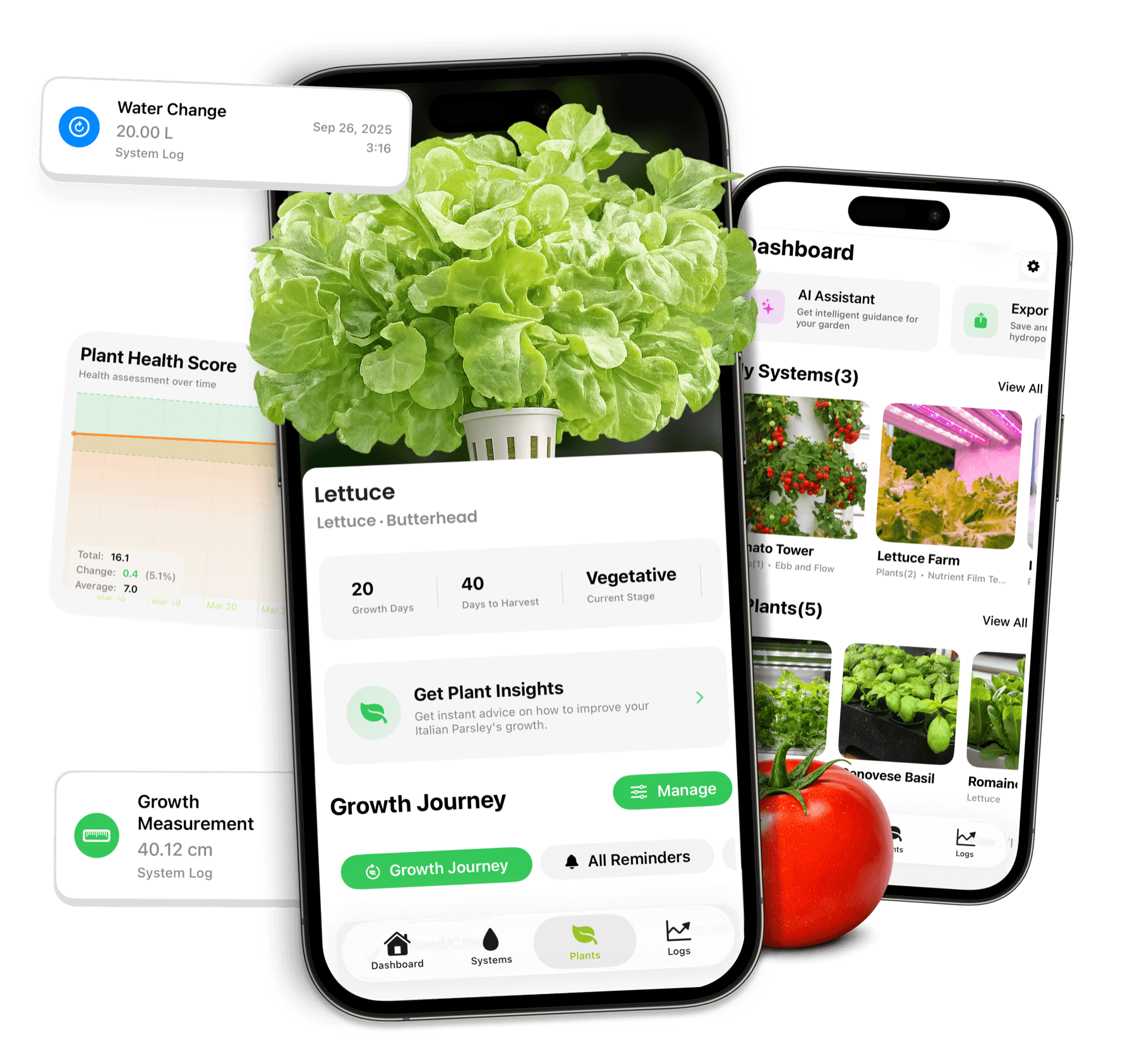 Hydrofy app screens showing plant insights, reminders, and system monitoring